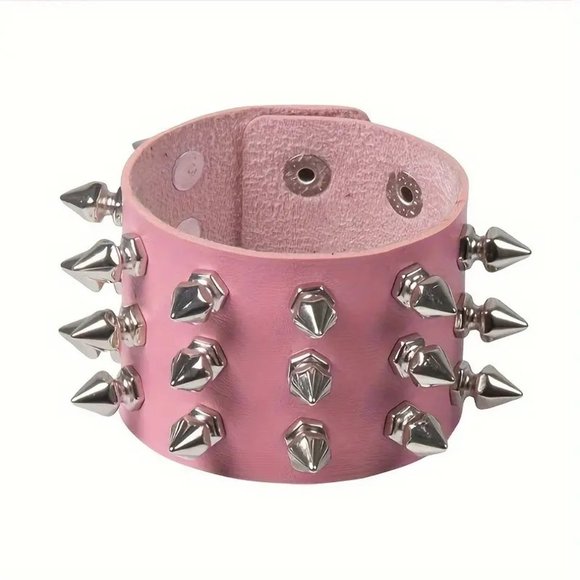 Spike Cuff Bracelet Pink Rivet Wrist Bangle Vegan Leather Goth Punk Rave Scene - Picture 1 of 2